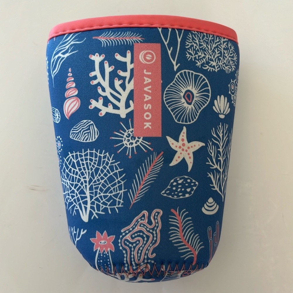 Javasok cold or hot neoprene beverage sleeve 22-28oz Coral Exploring blue pink